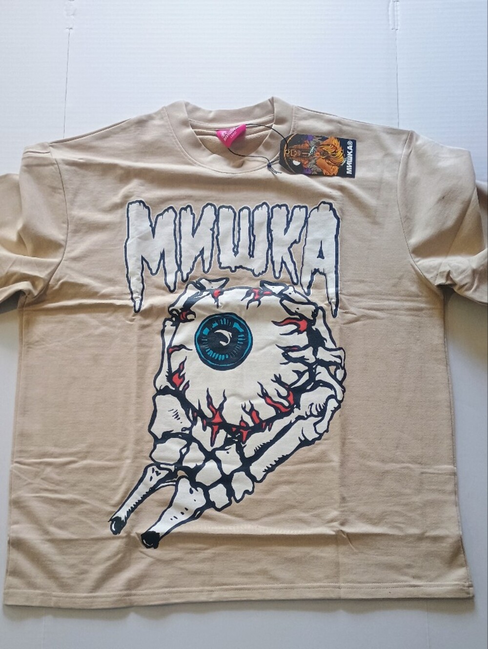 Mishka Keep Watch Eyeball Skeleton Hand Graphic Shirt Men Large Tan Sz Medium